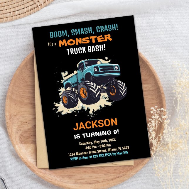 Invitaciones de cumpleaños a Monster Truck Black (Monster Truck Birthday Invitations Black)