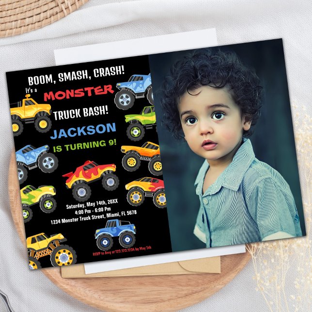 Invitaciones de cumpleaños a Monster Truck con fot (Monster Truck Birthday Invitations with Photo)