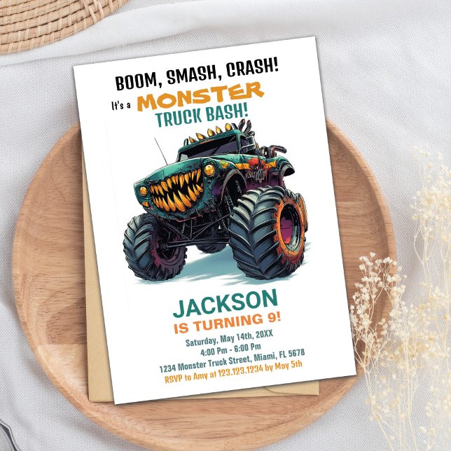 Invitaciones de cumpleaños a Monster Truck Green (Monster Truck Birthday Invitations Green)