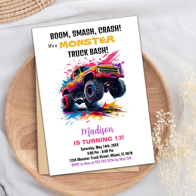 Invitaciones de cumpleaños a Monster Truck Pink (Monster Truck Birthday Invitations Pink)