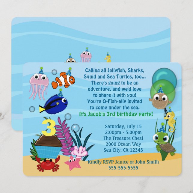 Invitaciones de cumpleaños a Ocean Animals bajo el (Anverso / Reverso)
