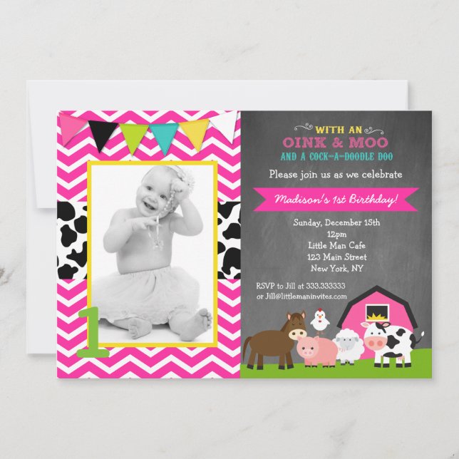 Invitaciones de cumpleaños a Pink Barnyard Farm (Anverso)