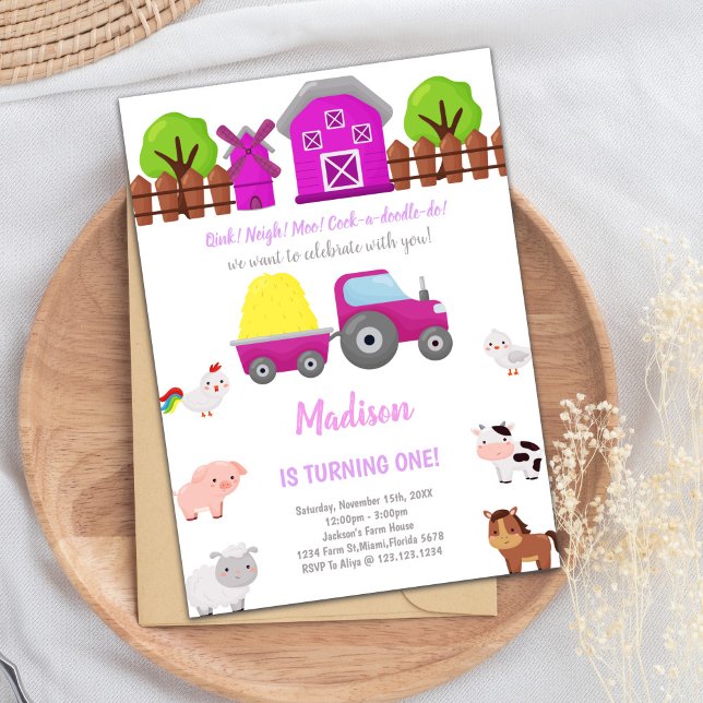 Invitaciones de cumpleaños a Pink Farm (Pink Farm Birthday Invitations)