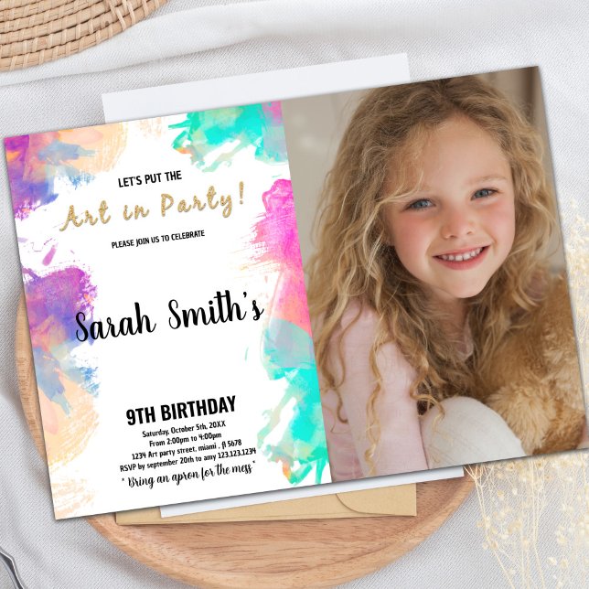 Invitaciones de cumpleaños a Pintar Púrpura con fo (Purple Paint Birthday Invitations with photo)