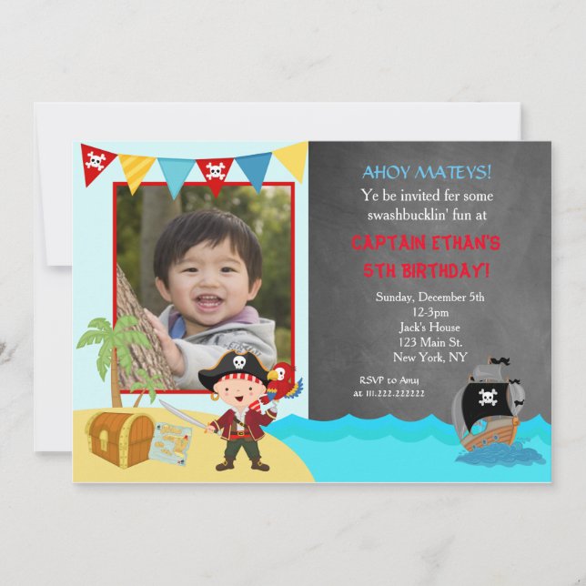 Invitaciones de cumpleaños a Pirate Chalkboard (Anverso)