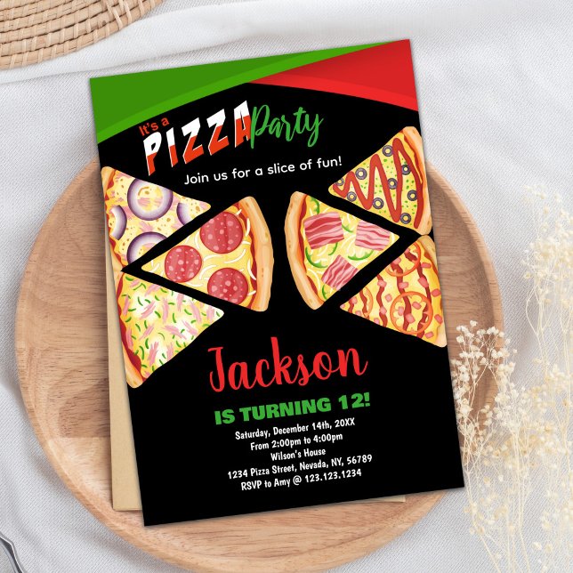 Invitaciones de cumpleaños a Pizza Verde Blanco Ro (White Red Green Pizza Birthday Invitations)