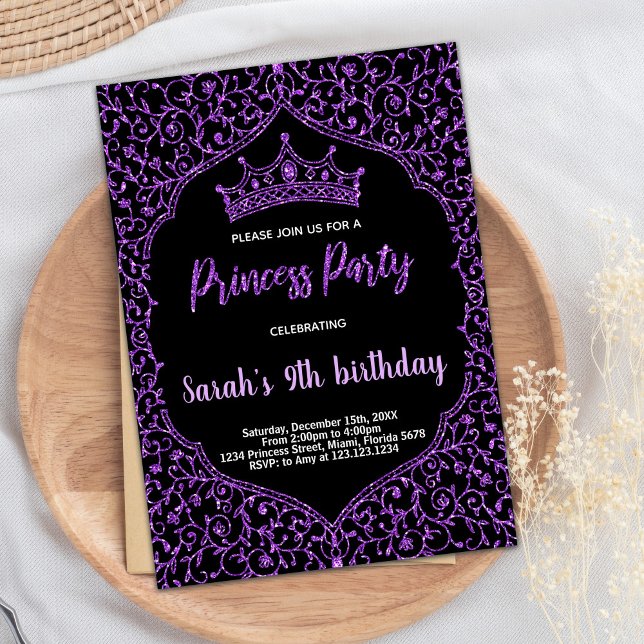 Invitaciones de cumpleaños a Princesa Blanca Purpu (Purple Glitter White Princess Birthday Invitations)