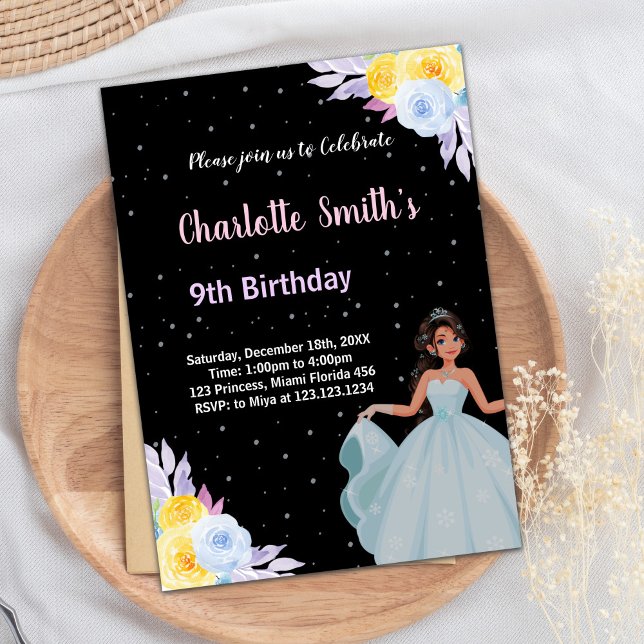 Invitaciones de cumpleaños a princesa floral morad (Yellow Purple Floral Princess Birthday Invitations)