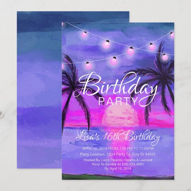 Invitaciones de cumpleaños a Purple Beach Sunset (Anverso / Reverso)