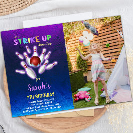 Invitaciones de cumpleaños a Purple Bowling con fo