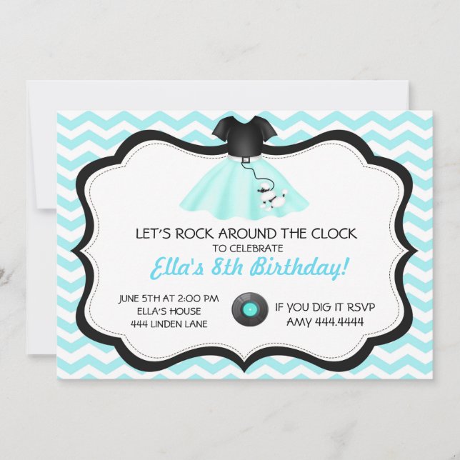 Invitaciones de cumpleaños a retro Sock Hop Poodle (Anverso)