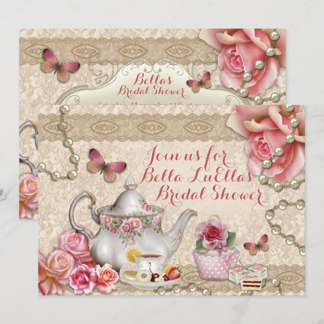 Invitaciones de cumpleaños a Tea Fiesta Shower (Anverso / Reverso)