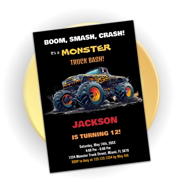 Invitaciones de cumpleaños a un camión de monstruo (Yellow Monster Truck Birthday Invitations)