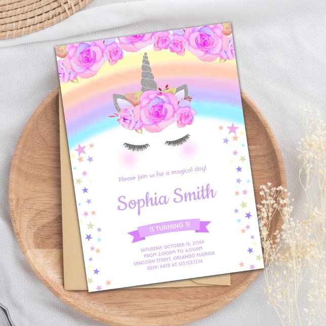 Invitaciones de cumpleaños a unicornio con morado  (Purple Floral Unicorn Birthday Invitations)