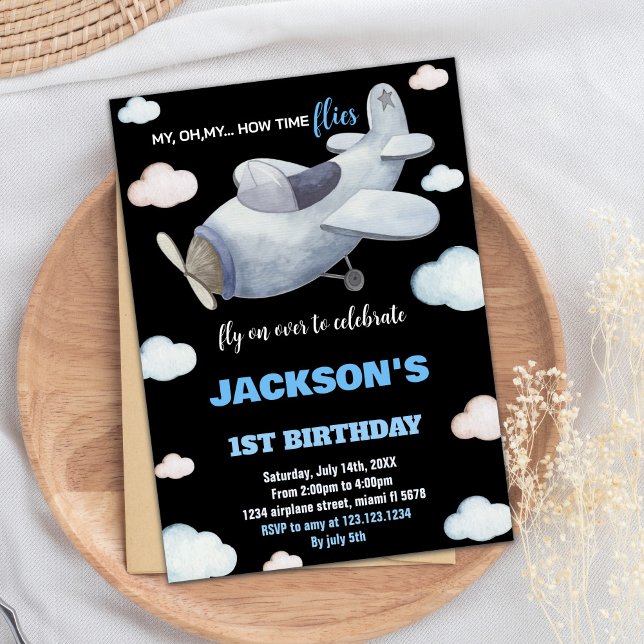 Invitaciones de cumpleaños al avión azul gris negr (Black Gray Blue Airplane Birthday Invitations)