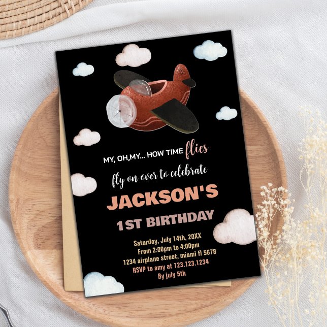 Invitaciones de cumpleaños al avión Black Blue Bro (Black Blue Brown Airplane Birthday Invitations)