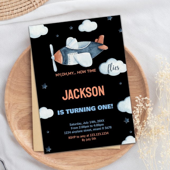 Invitaciones de cumpleaños al avión Black Gray Bro (Black Gray Brown Airplane Birthday Invitations)