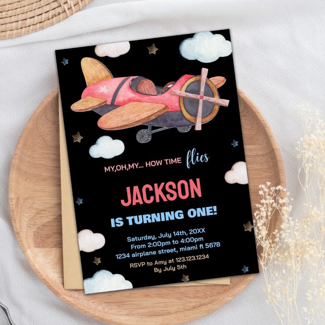 Invitaciones de cumpleaños al avión Black Red Brow (Black Red Brown Airplane Birthday Invitations)