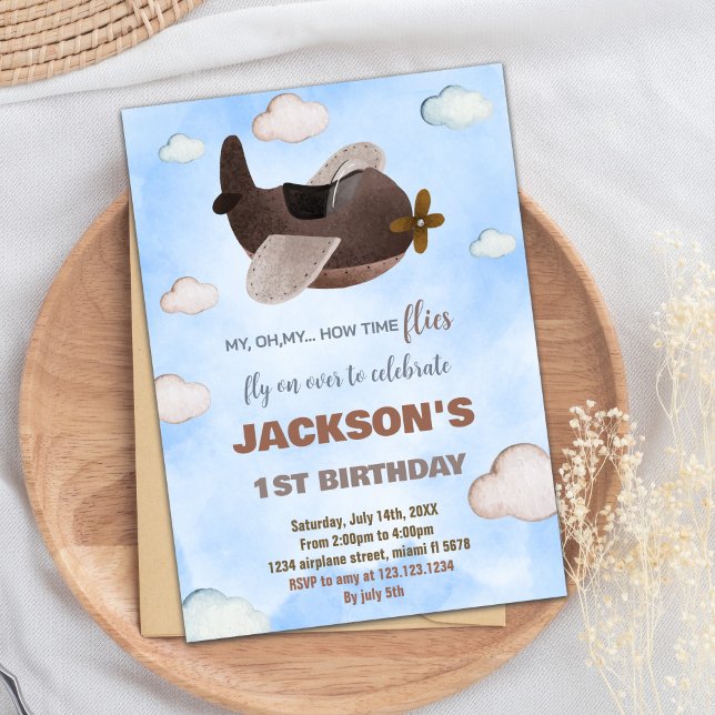 Invitaciones de cumpleaños al avión de Blue Brown (Blue Brown Airplane Birthday Invitations)