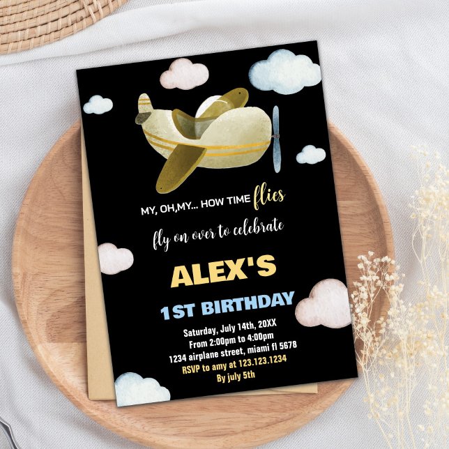 Invitaciones de cumpleaños al avión de Naranja ama (Black Yellow Orange Airplane Birthday Invitations)