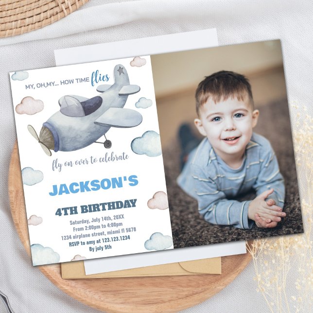 Invitaciones de cumpleaños al avión foto azul gris (Airplane Birthday Invitations Gray Blue W Photo)