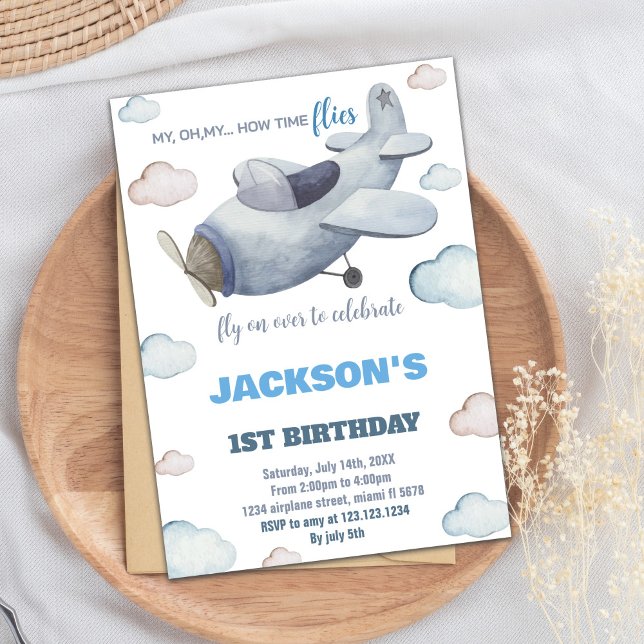 Invitaciones de cumpleaños al avión Gray Blue (Gray Blue Airplane Birthday Invitations)