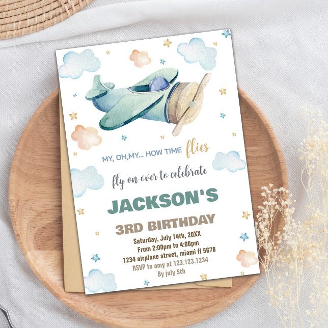 Invitaciones de cumpleaños al avión Green Brown (Green Brown Airplane Birthday Invitations)