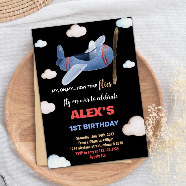 Invitaciones de cumpleaños al avión rojo azul negr (Black Blue Red Airplane Birthday Invitations)