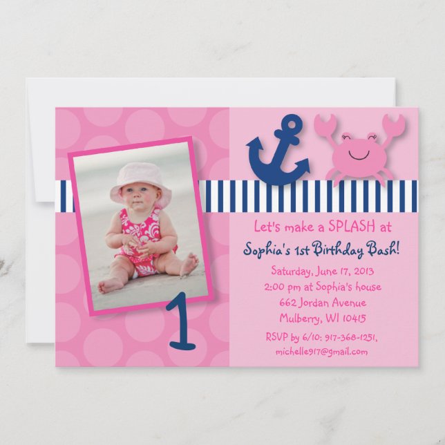 Invitaciones de cumpleaños al cangrejo rosa náutic (Anverso)