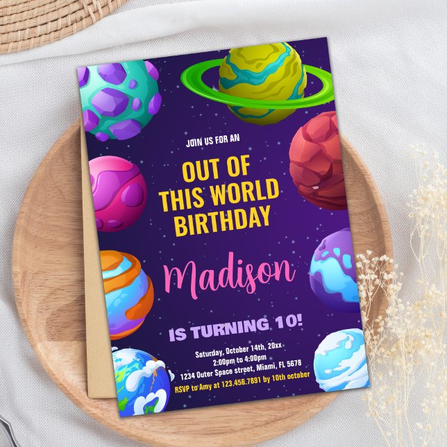 Invitaciones de cumpleaños al espacio exterior ama (Pink Yellow Outer Space Birthday Invitations)