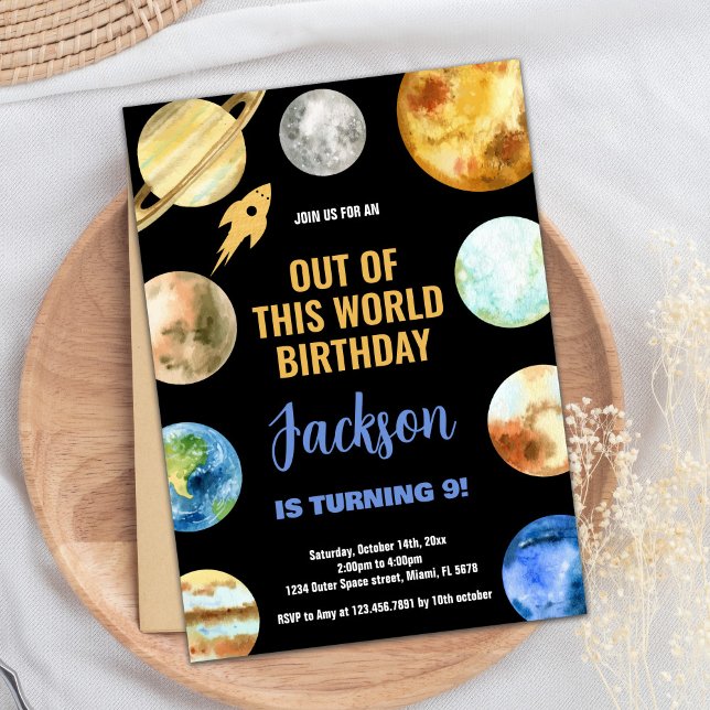 Invitaciones de cumpleaños al espacio exterior del (Glitter Rocket Outer Space Birthday Invitations)