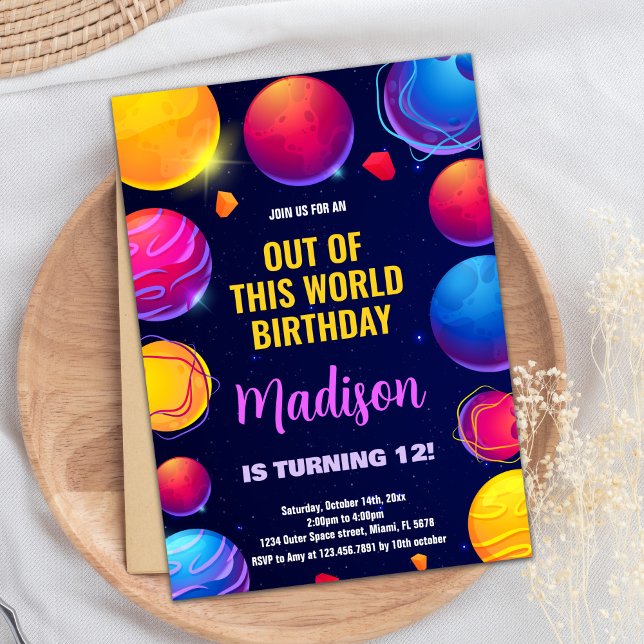 Invitaciones de cumpleaños al espacio exterior mor (Pink Purple Outer Space Birthday Invitations)
