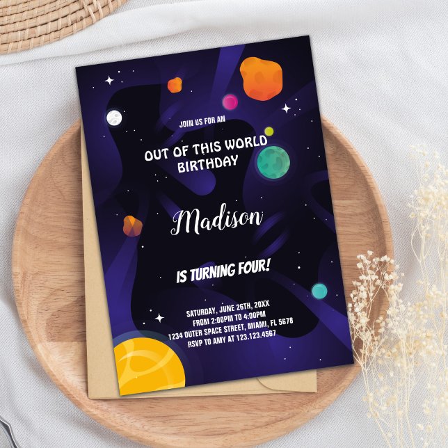 Invitaciones de cumpleaños al espacio exterior mor (Black Purple Outer Space Birthday Invitations)