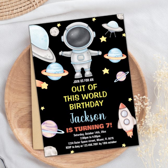 Invitaciones de cumpleaños al espacio exterior neg (Yellow Black Outer Space Birthday Invitations)