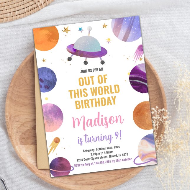 Invitaciones de cumpleaños al espacio exterior ros (Pink Outer Space Birthday Invitations)