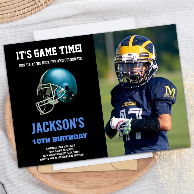 Invitaciones de cumpleaños al Fútbol Black Blue Ph (Black Blue Photo Football Birthday Invitations)