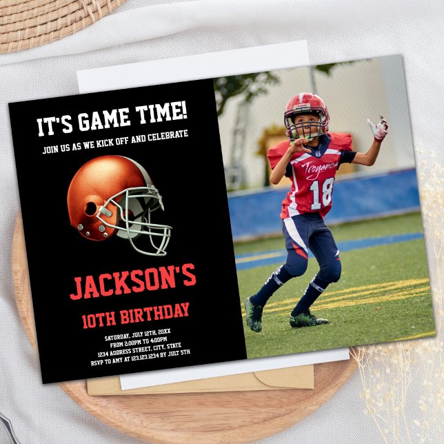 Invitaciones de cumpleaños al Fútbol Black Red Pho (Black Red Photo Football Birthday Invitations)