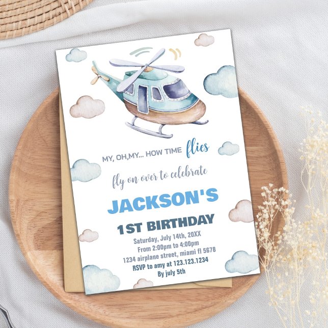 Invitaciones de cumpleaños al helicóptero azul gri (Gray Blue Helicopter Birthday Invitations)