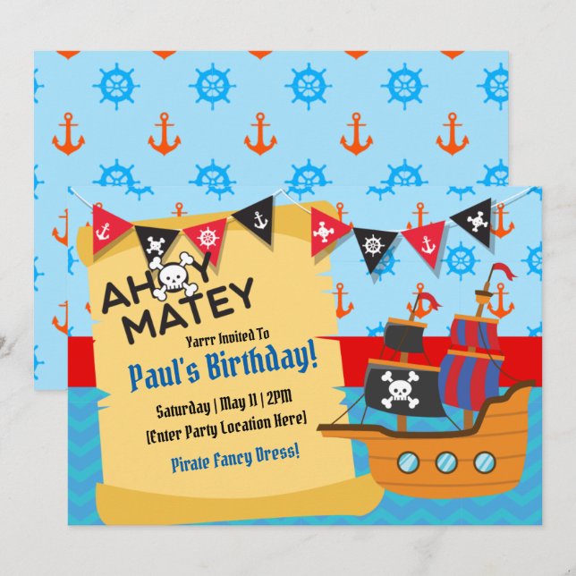 Invitaciones de cumpleaños al tema del pirata (Anverso / Reverso)