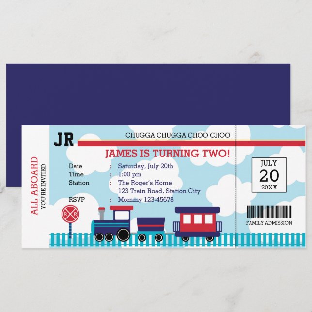 Invitaciones de cumpleaños al tren (azul marino y  (Anverso / Reverso)
