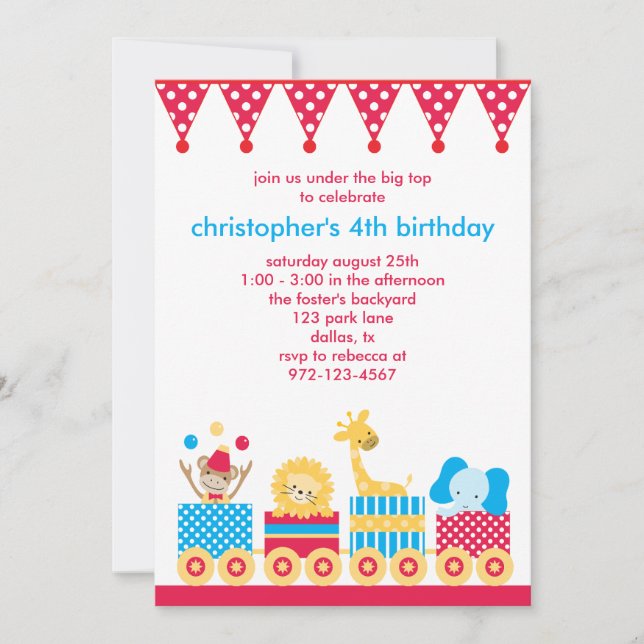 Invitaciones de cumpleaños al tren Circus Animal (Anverso)