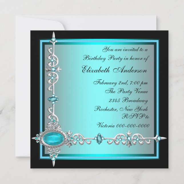 Invitaciones de cumpleaños azul teal negro (Anverso)