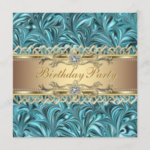 Invitaciones de cumpleaños azul turquesa dorado