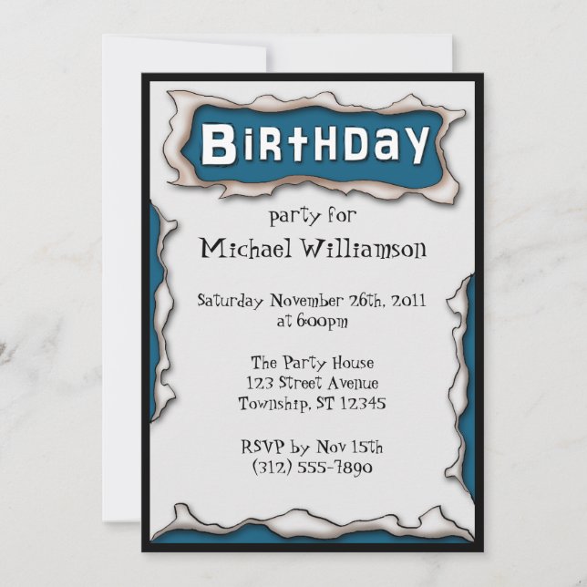Invitaciones de cumpleaños azules para comic Torn  (Anverso)