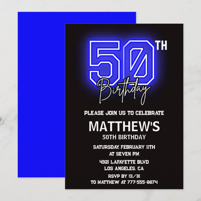 Invitaciones de cumpleaños Black 50 Men Sport Neon (Anverso / Reverso)