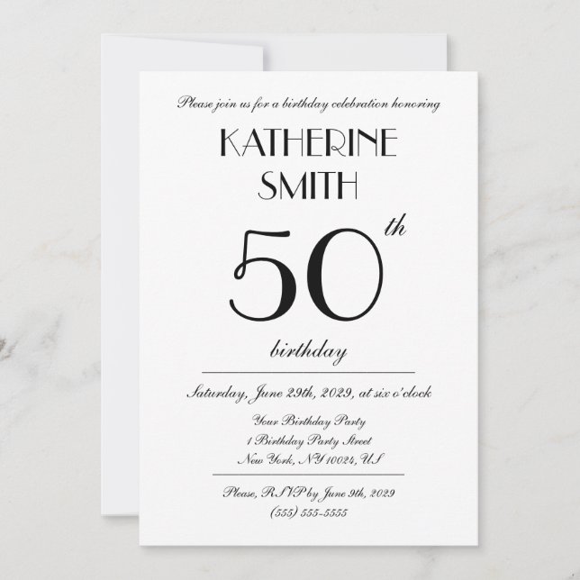 Invitaciones de cumpleaños blancas elegantes (Anverso)