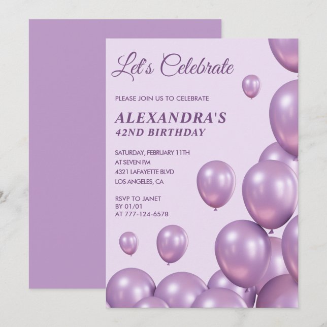 Invitaciones de cumpleaños Chic 42 globos Morado (Anverso / Reverso)