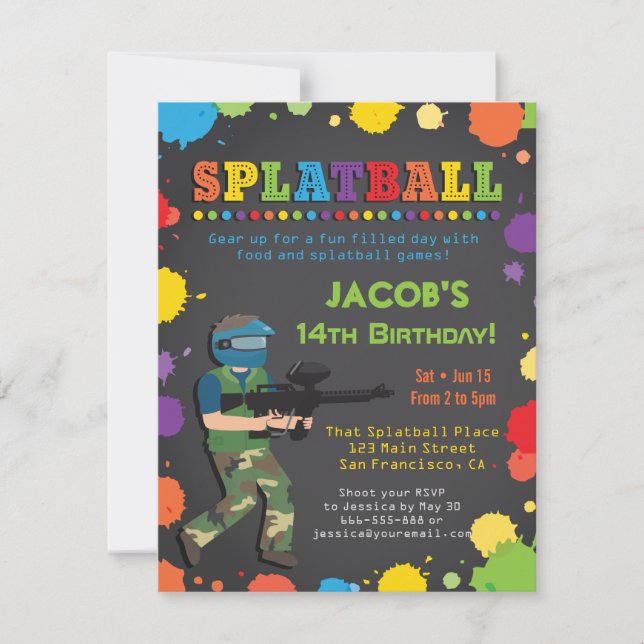 Invitaciones de cumpleaños Coloridas de Splatball (Anverso)