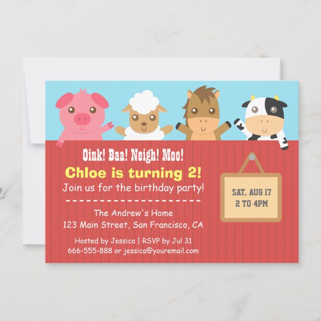 Invitaciones de cumpleaños con animales de granja  (Anverso)