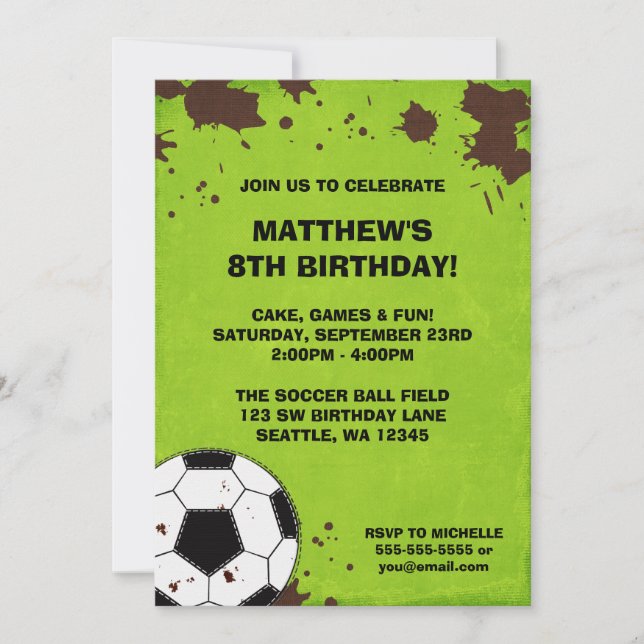 Invitaciones de cumpleaños con balón de fútbol y b (Anverso)